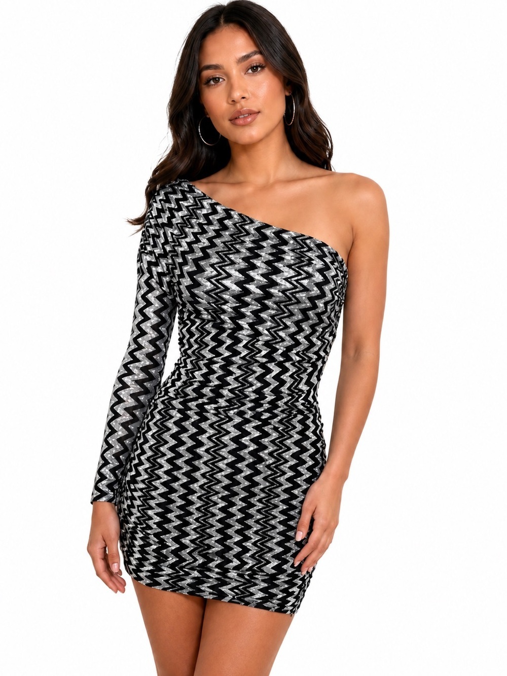 Trac One Sleeve Black and Silver Print Dress​​